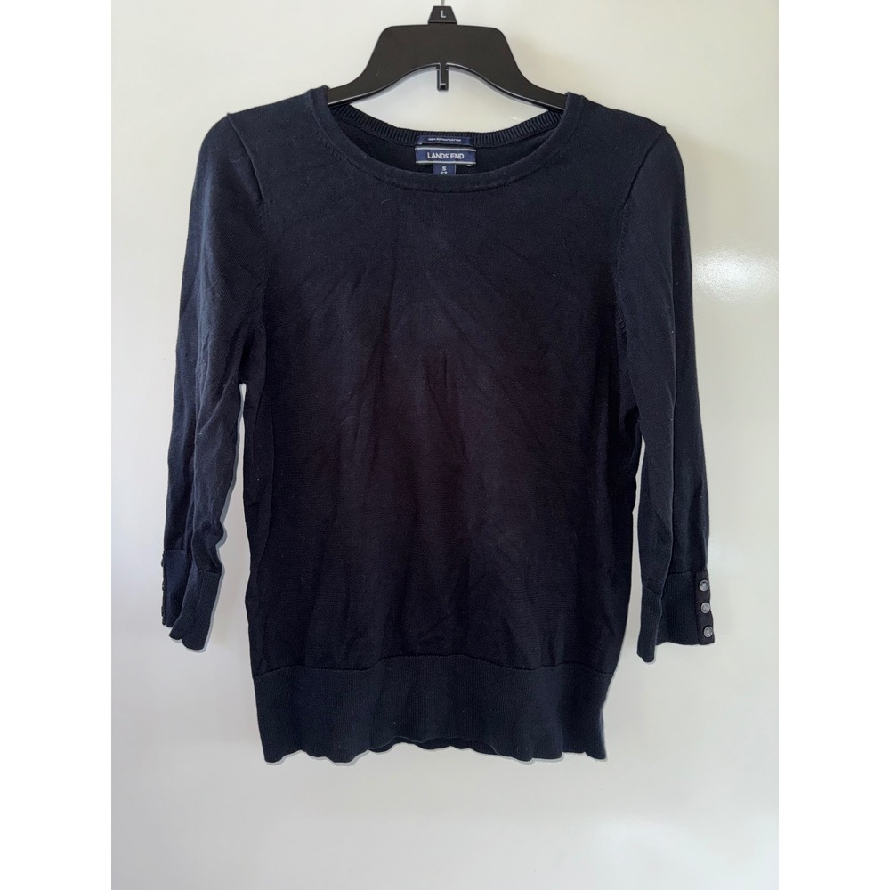 Lands End Black Supima Cotton 3/4 Sleeve Button Cuff Sweater Small 6-8 489014